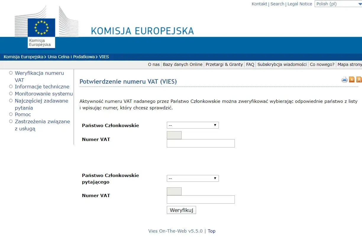 Strona Komisji Europejskiej do weryfikacji numeru VAT. Możesz sprawdzić ważność europejskiego nip-u.