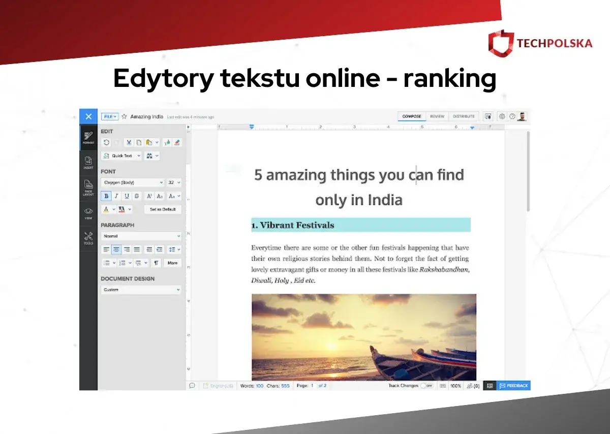 Program do pisania na komputerze, edytor tekstu online, tworzy dokument o festiwalach w Indiach.