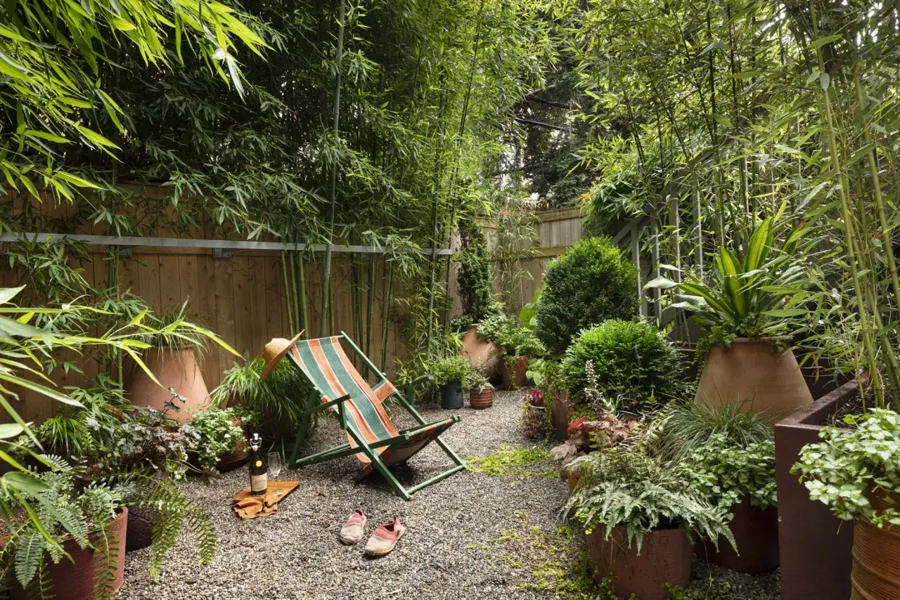 Un coin de jardin paisible avec des bambous en pot, une chaise longue, des plantes luxuriantes et une bouteille de vin.