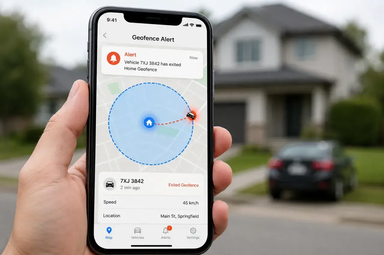 Hand h&auml;lt Smartphone mit Geofence Alert: Auto verlie&szlig; definierten Bereich. Das zeigt, was ist Geofencing: virtuelle Grenzen f&uuml;r Standortbenachrichtigungen.