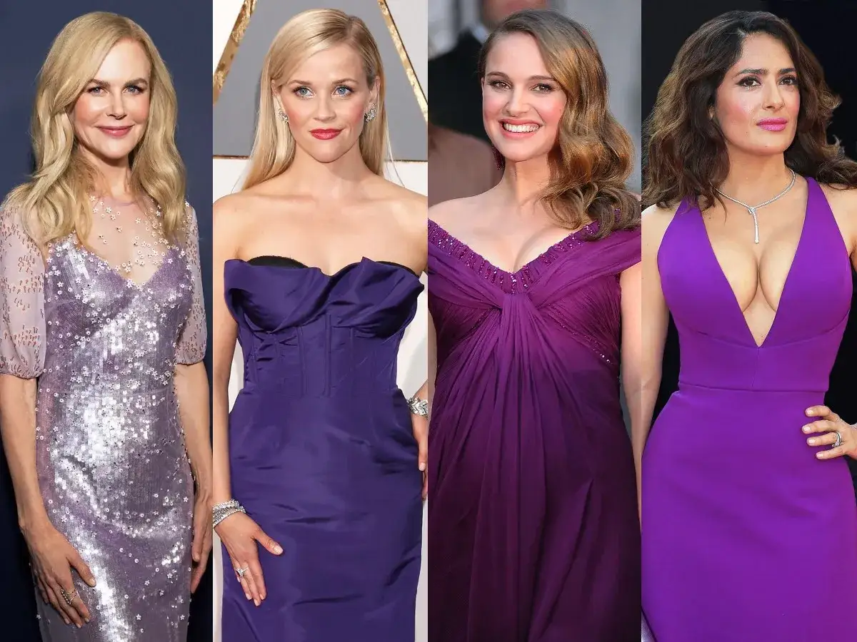 Quatre actrices c&eacute;l&egrave;bres portent des robes &eacute;l&eacute;gantes de couleur violet. Nicole Kidman, Reese Witherspoon, Natalie Portman et Salma Hayek brillent sur le tapis rouge.