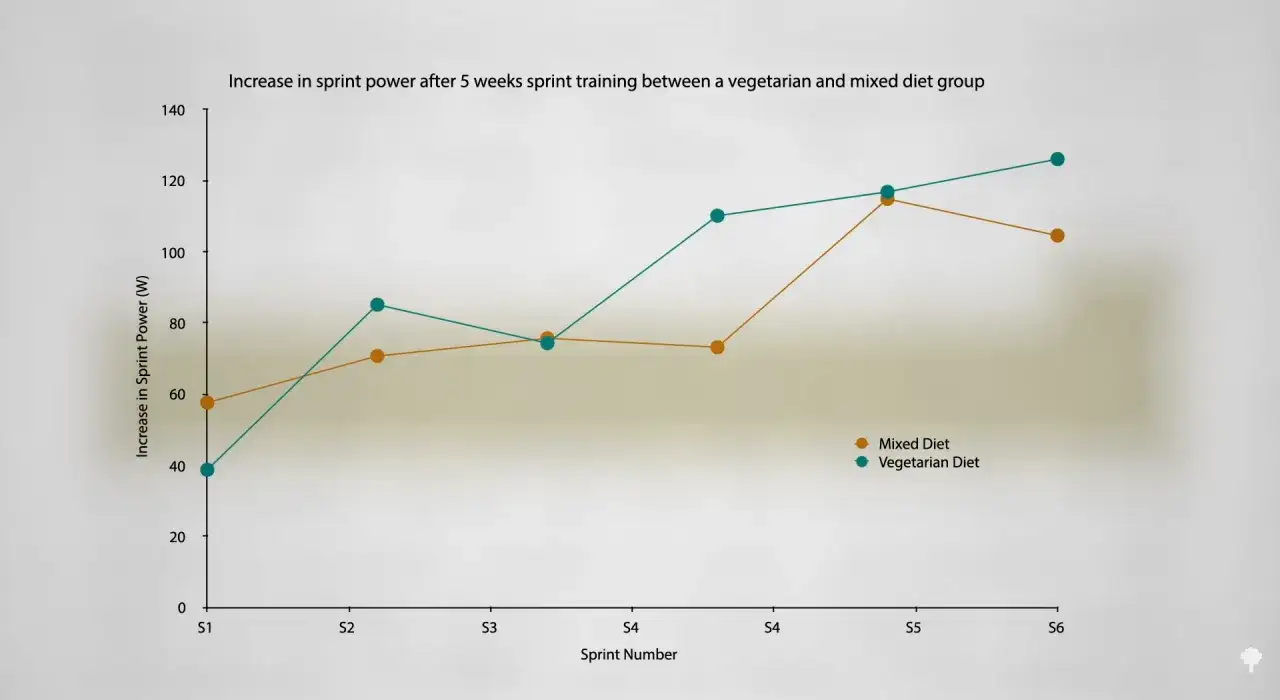 Wykres pokazuje wzrost mocy sprintu po 5 tygodniach treningu. Grupa wegetarian osiągnęła lepsze wyniki niż weganin.