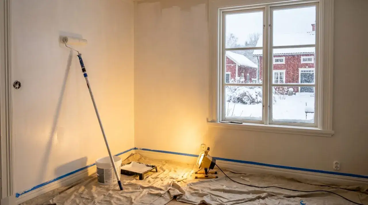 Målning pågår inomhus, med en färgroller redo att måla luftfuktighet på väggen. Utanför fönstret syns snö och röda hus.