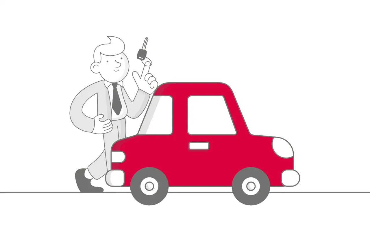 Uomo con chiave in mano accanto a un'auto rossa, simbolo del passaggio di proprietà auto defunto con più eredi.