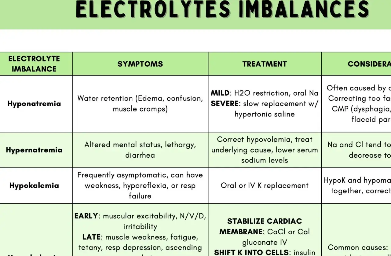 Tabella su squilibri elettrolitici: iponatriemia (ritenzione idrica, confusione), ipernatriemia (alterazione mentale, letargia), ipokaliemia (debolezza, iporeflessia).