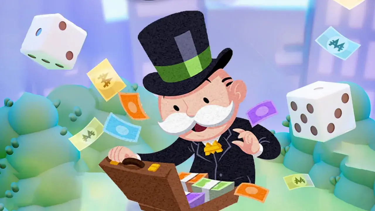 Pan z wąsami i cylindrem otwiera walizkę pełną pieniędzy. Wok&oacute;ł latają banknoty i kostki do gry, jakby to były kody Monopoly GO.