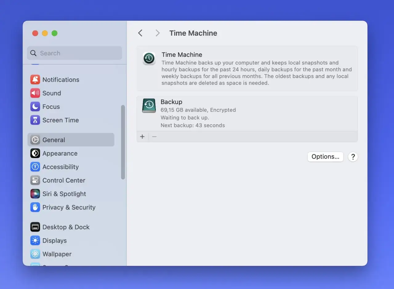 Einstellungen: Time Machine konfigurieren. Backup wird vorbereitet, 69,15 GB verf&uuml;gbar.