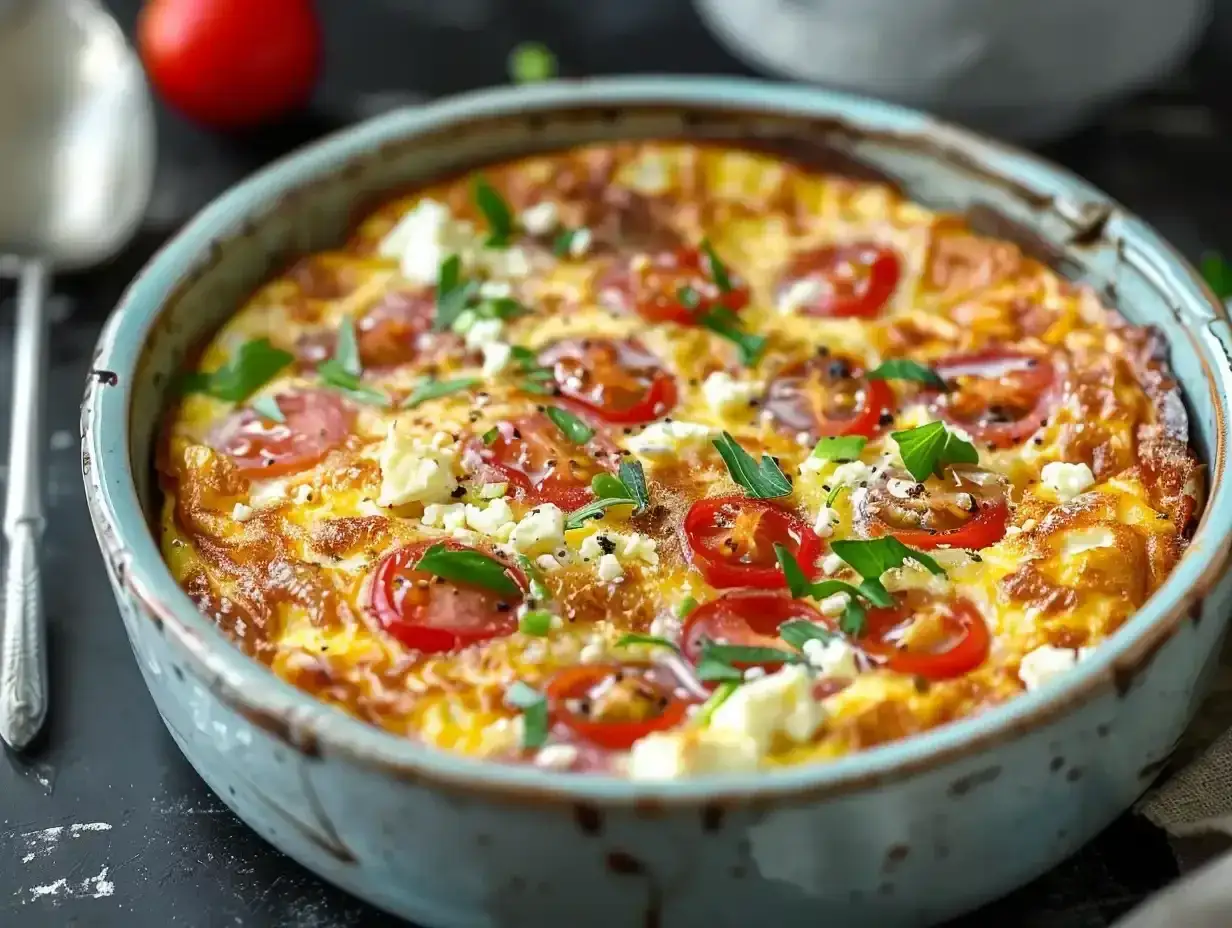 En gyllene omelett i airfryer, toppad med tomatskivor, fetaost och f&auml;rska &ouml;rter. Enkel och god middag!