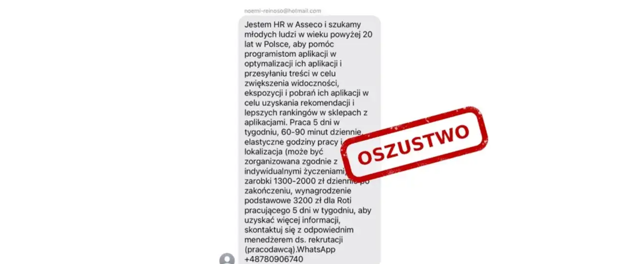 Oszustwo typu smishing: oferta pracy z Asseco obiecuje wysokie zarobki za optymalizację aplikacji. Czerwony stempel 