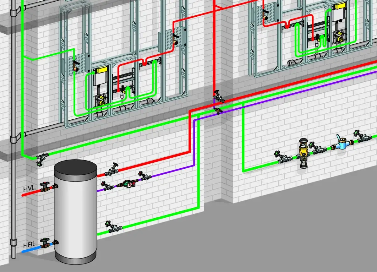 Detailreiche Darstellung eines komplexen Rohrsystems mit farbigen Leitungen (grün, rot, lila) und Ventilen. Eine Wasser-Aktien-Liste könnte hier die einzelnen Komponenten und deren Funktionen aufzeigen.