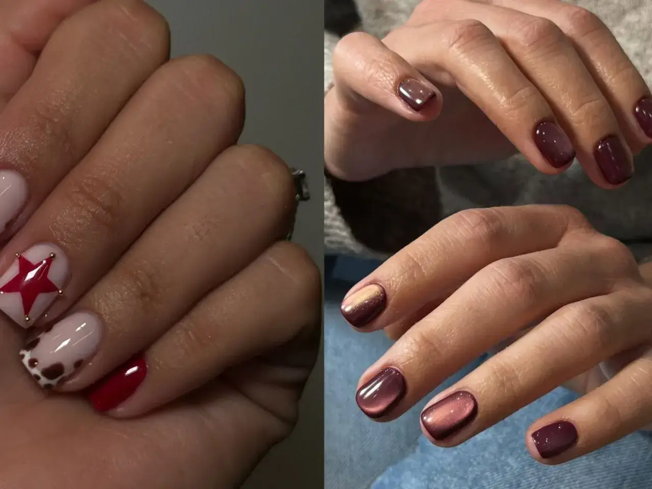 Tv&aring; h&auml;nder med snygga korta naglar. V&auml;nster hand har ljusa naglar med en r&ouml;d stj&auml;rna och en med fl&auml;ckar. H&ouml;ger hand har m&ouml;rka naglar med cat eye-effekt.