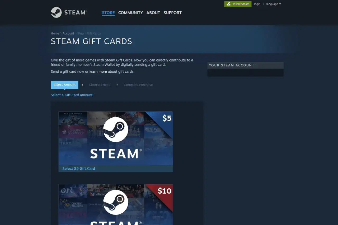 Kup kartę podarunkową Steam, aby podarować gry. Dowiedz się, jak wypłacić pieniądze ze Steam, wybierając kwotę.