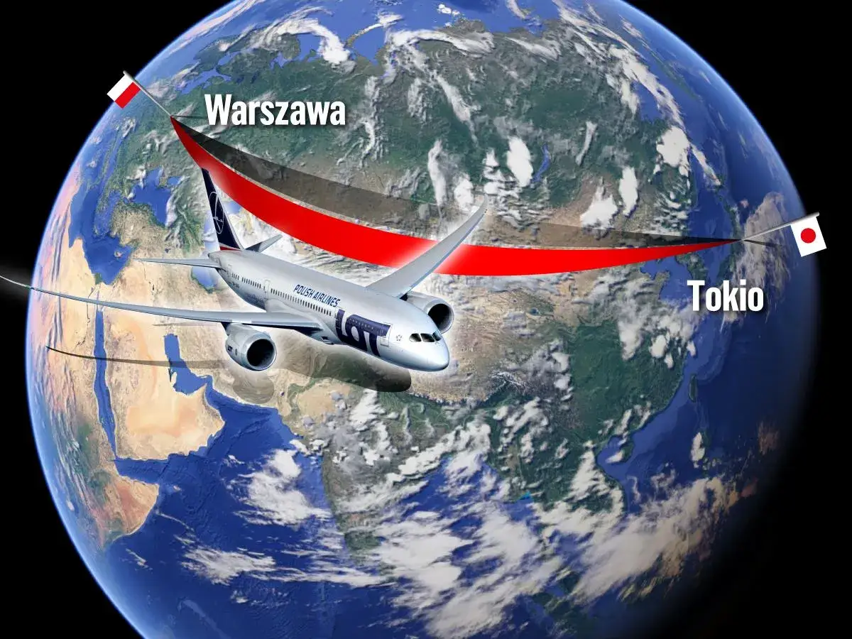 Samolot LOT leci z Warszawy do Tokio. Obrazek pokazuje trasę lotu na tle Ziemi.