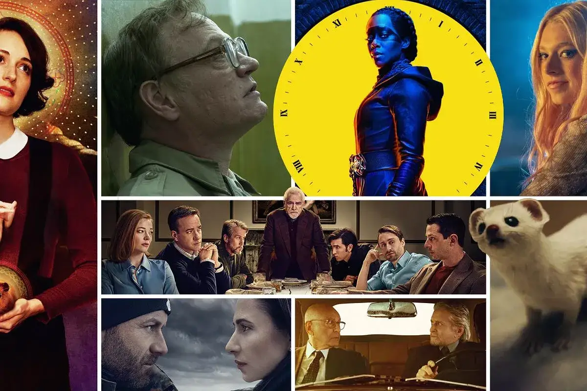 Kolaż z seriali: Fleabag, Czarnobyl, Watchmen, Euforia, Sukcesja, The Boys, The Kominsky Method. Ciekawe, ile było odcinków.