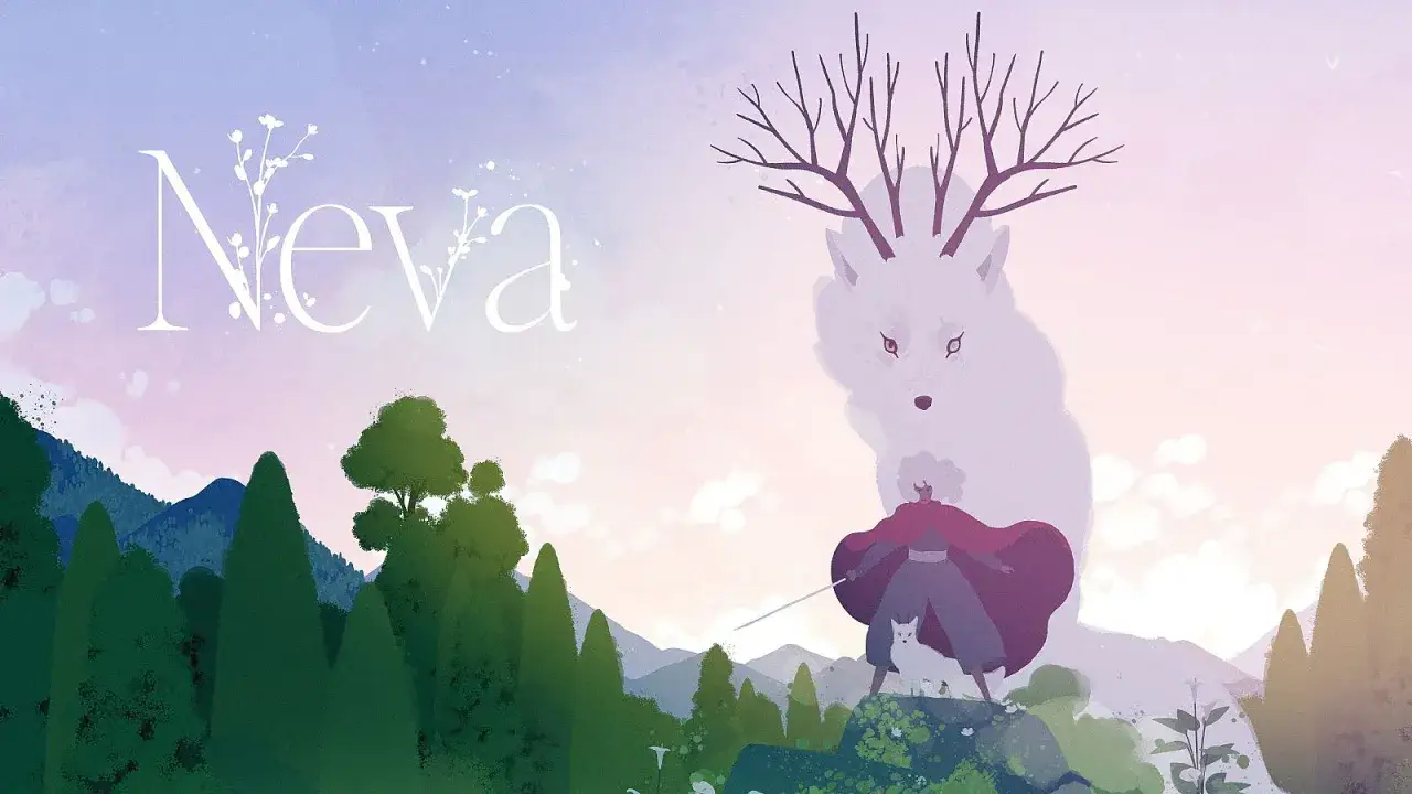El juego Neva presenta a una joven con un lobo blanco, bajo la sombra de un esp&iacute;ritu de lobo gigante con astas.