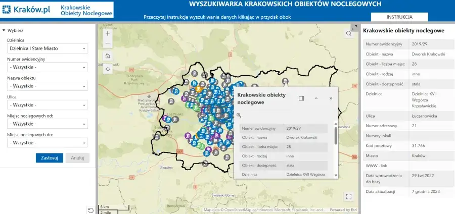 mapa dzielnic Krak&oacute;w lokalizacje nocleg&oacute;w