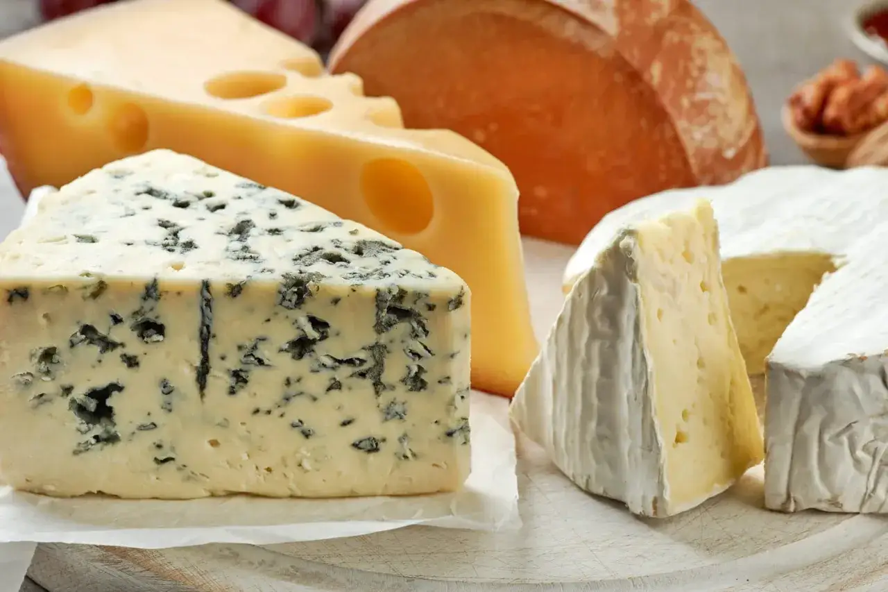 Un assortiment de fromages, dont un bleu persillé, un emmental et un brie. Idéal pour savoir quel fromage manger enceinte.