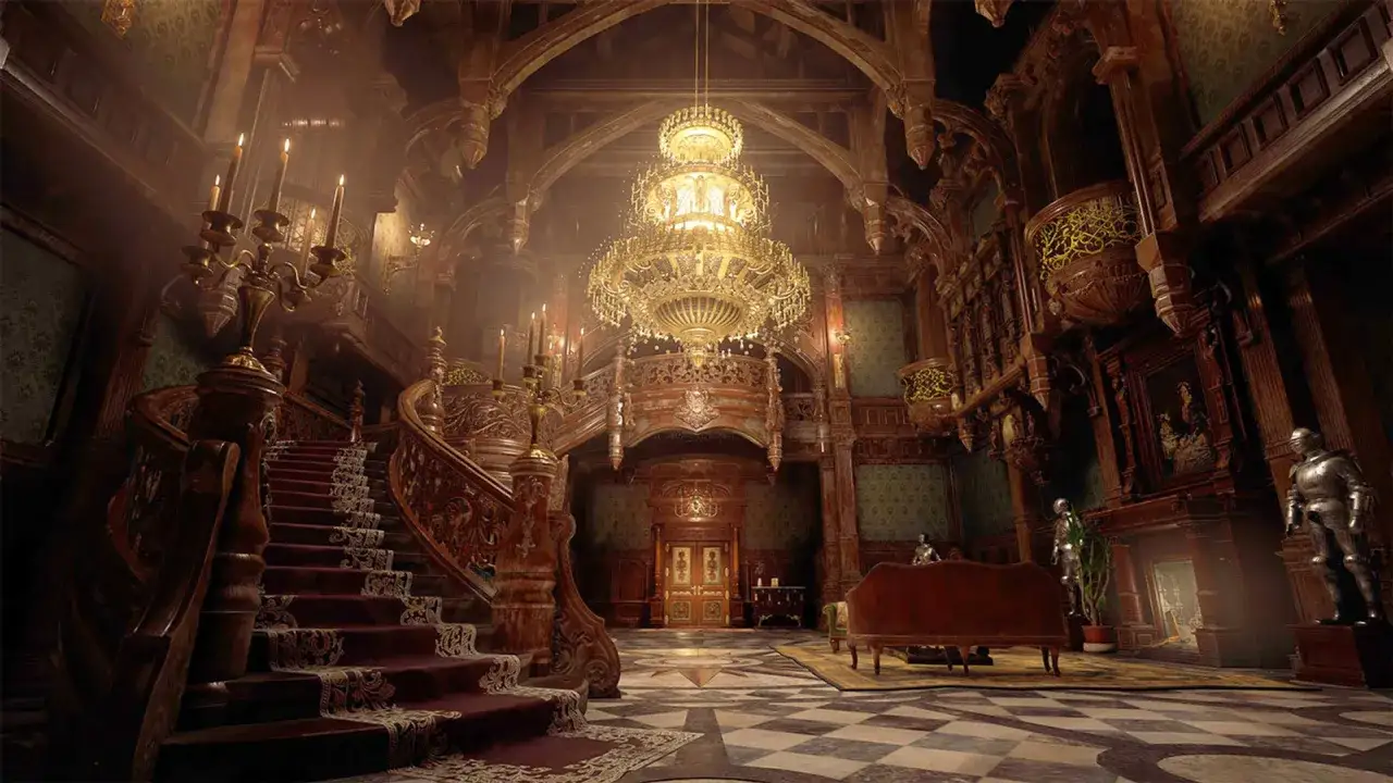 Wnętrze rezydencji z Resident Evil Village. Czas gry w mrocznym, bogato zdobionym holu z wielką klatką schodową i żyrandolem.