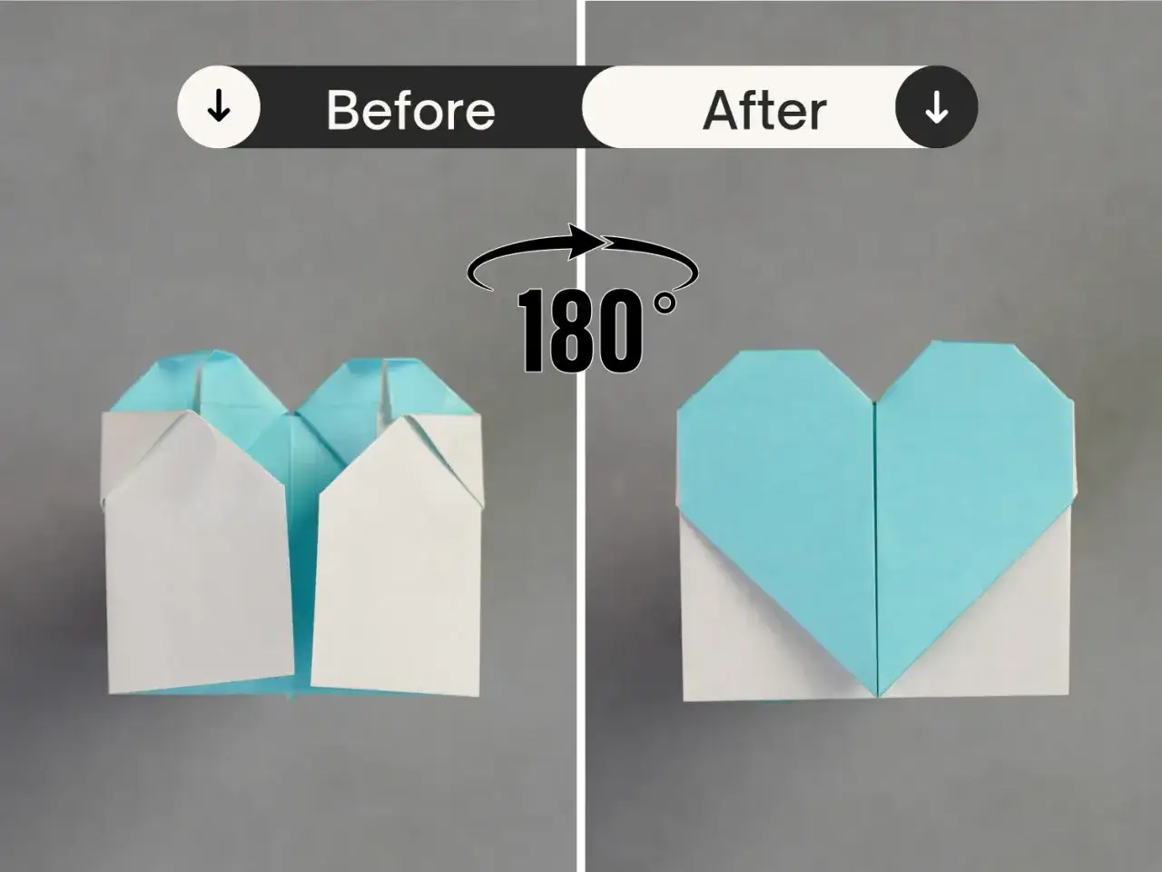 Vorher/Nachher: Origami-Herz aus Papier. So einfach lässt sich eine Klappkarte basteln.