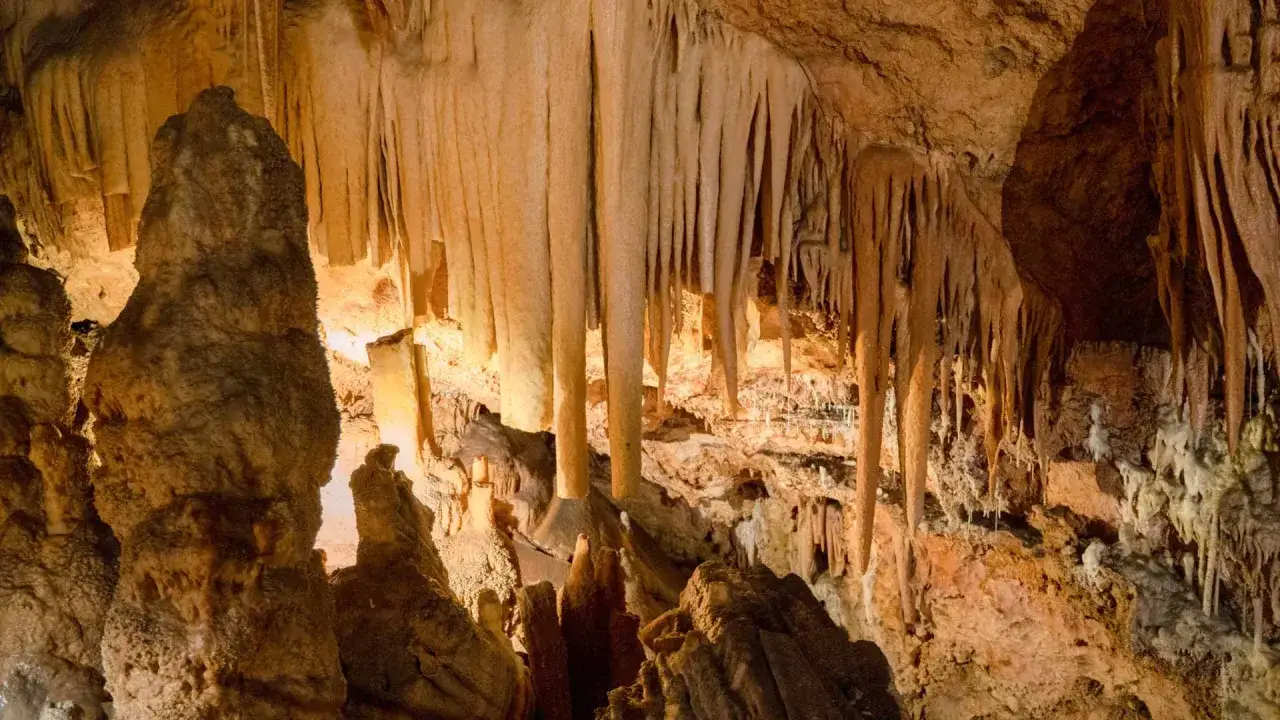 Impresionantes estalactitas y estalagmitas iluminadas en la cueva del Rull, creando un paisaje subterráneo mágico.