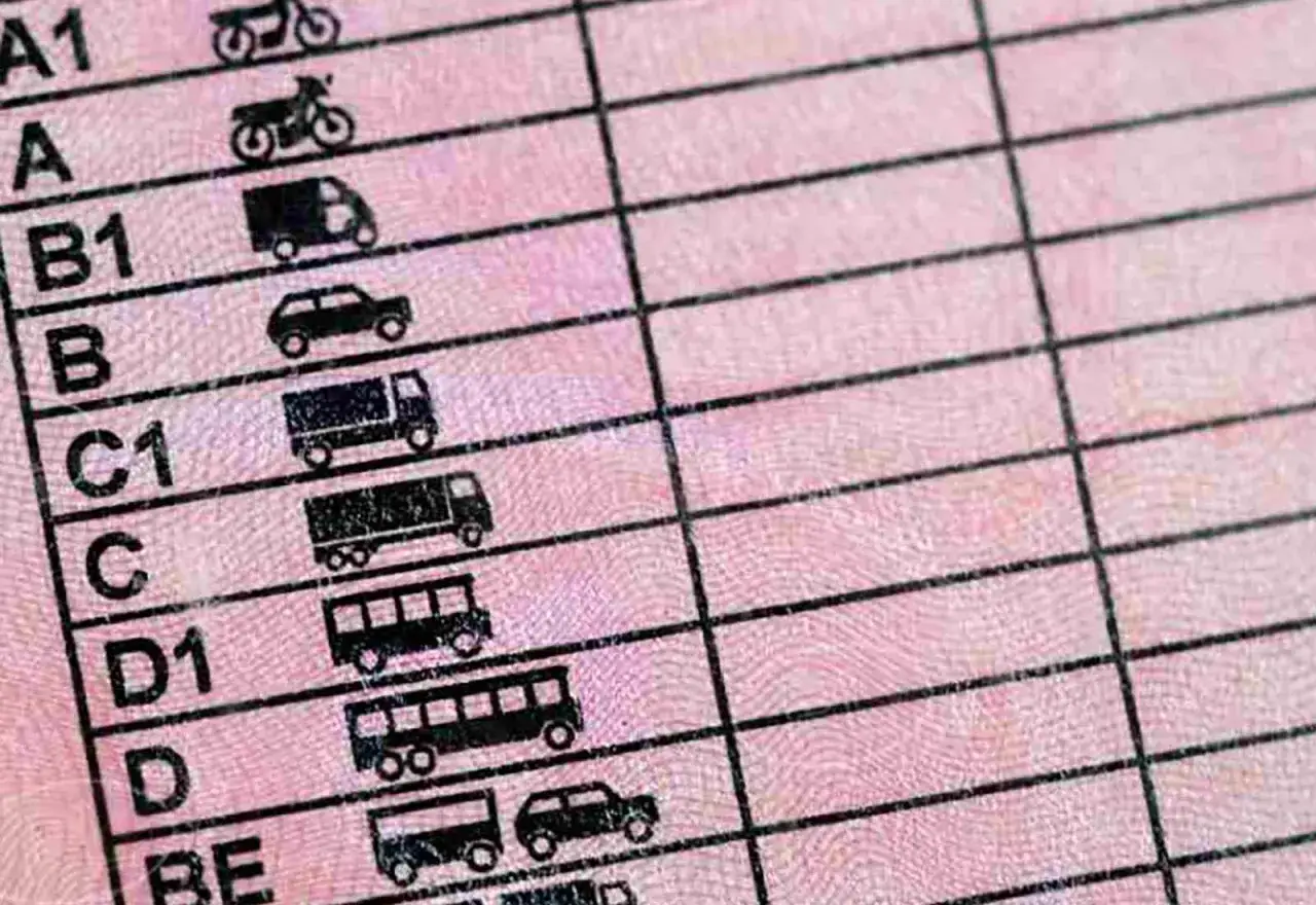 Detalle de un carnet de conducir con categorías de vehículos: motos, coches, furgonetas, camiones y autobuses.