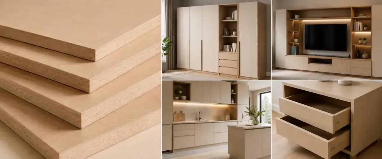 Stack of solid MDF boards, a modern wardrobe, a TV unit, a kitchen, and drawers, showcasing versatile furniture applications.