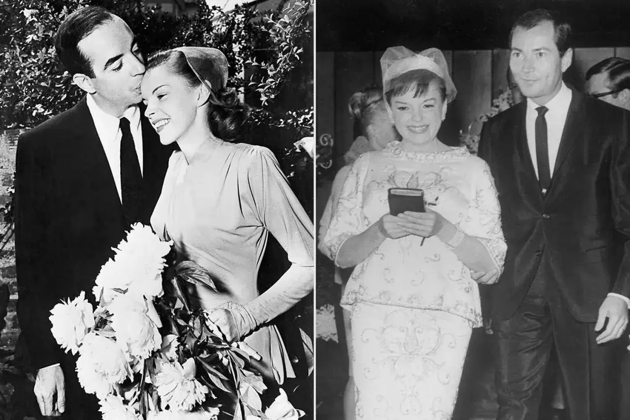 Judy Garland z mężem Sidem Luftem, w dniu ślubu. Uśmiechnięta para trzyma bukiet kwiatów.