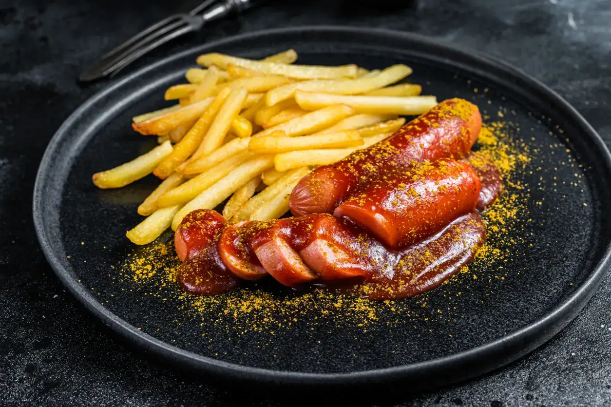 Pyszny currywurst przepis: kiełbaska w sosie curry z frytkami na czarnym talerzu.