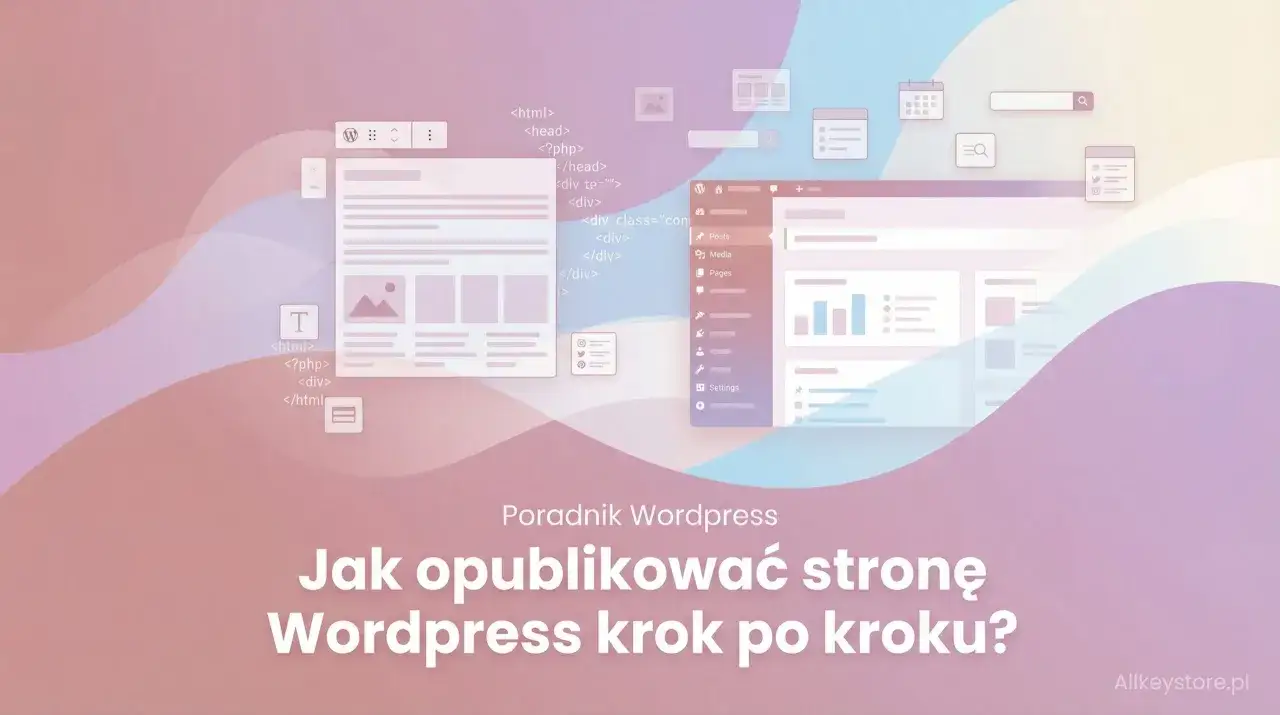 Poradnik WordPress: Jak zacząć publikować stronę krok po kroku? Grafika przedstawia elementy interfejsu WordPress i kod.