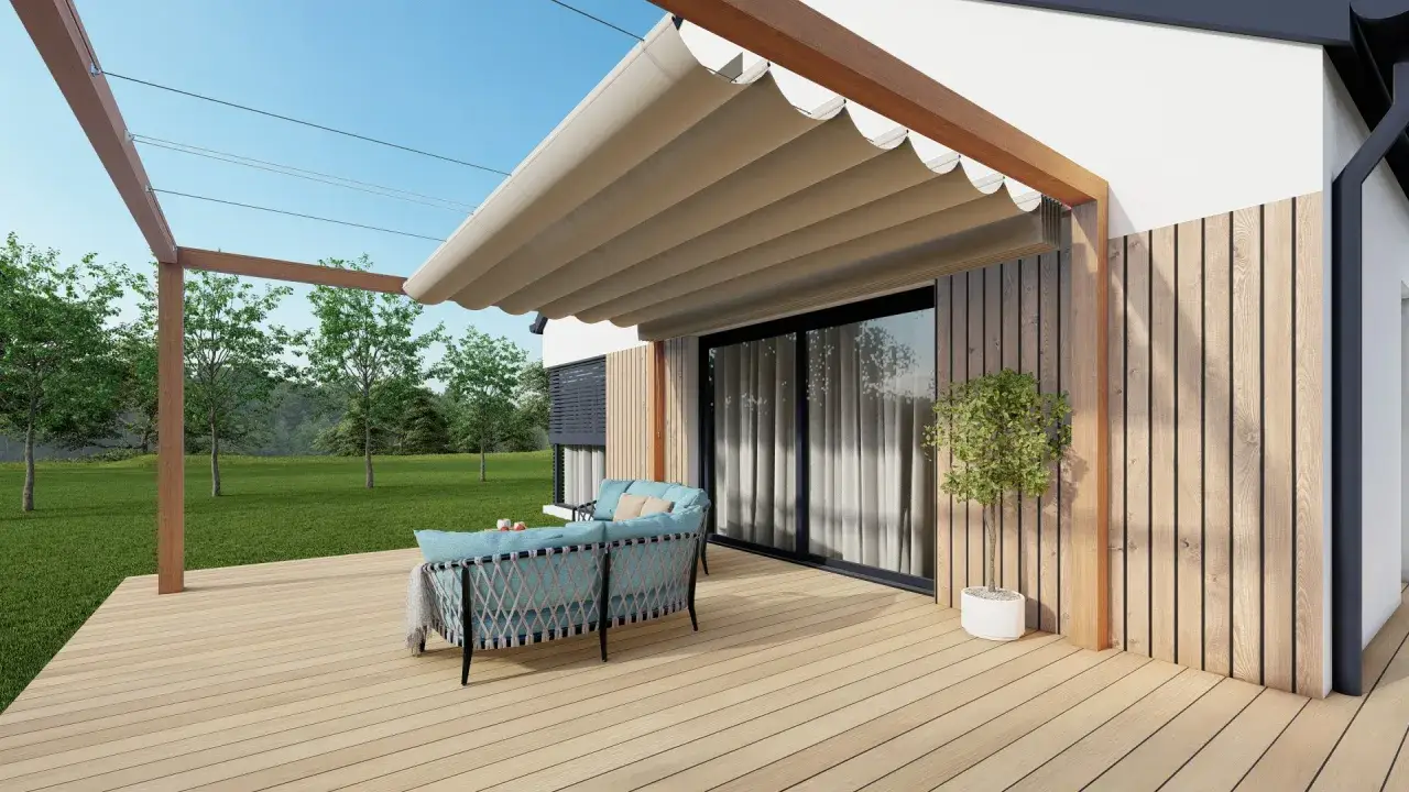 Nowoczesna pergola z wysuwanym, poziomym dachem, przypominającym roletę rzymską. Idealna do stworzenia strefy relaksu na tarasie.