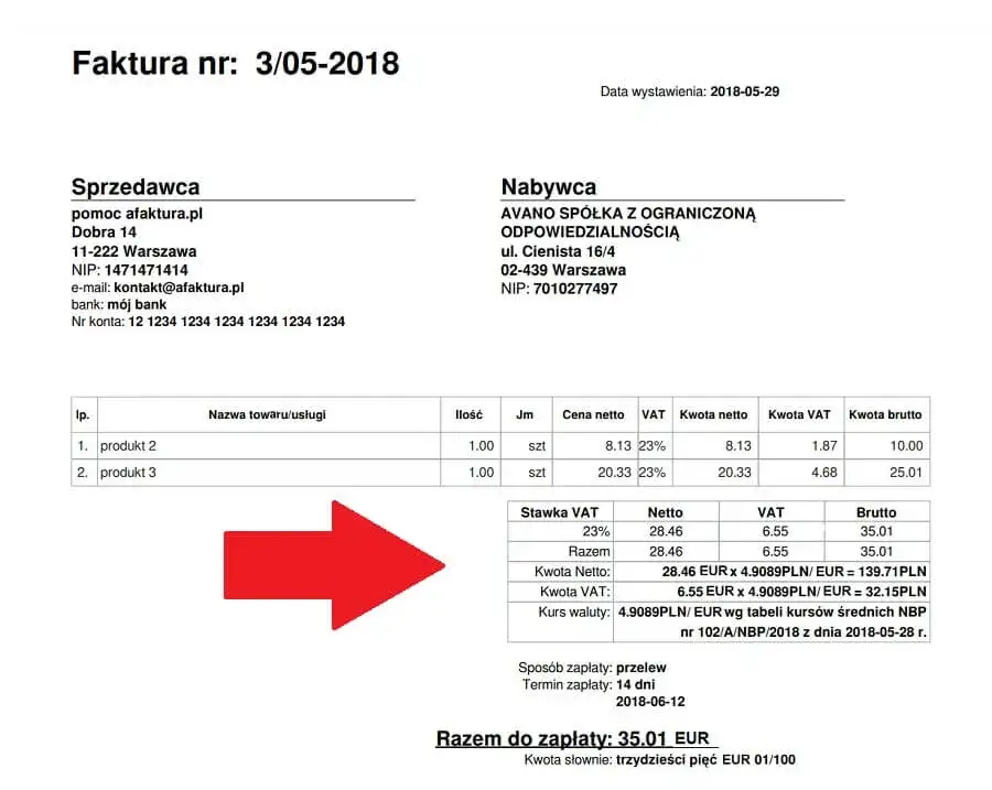 faktura walutowa przeliczanie kursów
