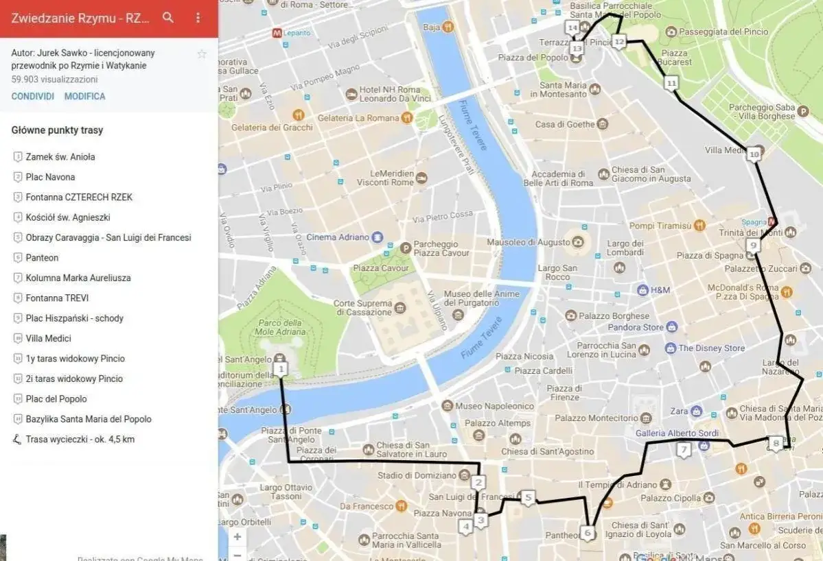 Trasa po Rzymie i Watykanie: Zamek św. Anioła, Plac Navona, Panteon, Fontanna di Trevi. Mapa pokazuje zabytki i drogę.