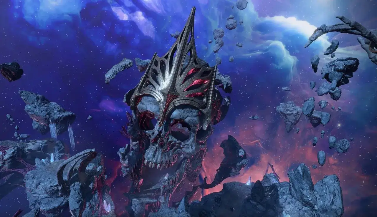 Mroczna czaszka w kosmicznej scenerii, przypominająca scenę z Baldur's Gate 3. Cena tej gry jest adekwatna do jej epickości.