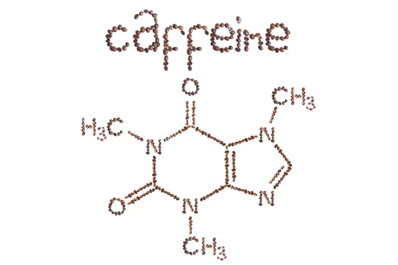 La formula chimica della caffeina, creata con chicchi di caffè. Il caffè decaffeinato cosa contiene? Meno caffeina, ma la formula resta la stessa.