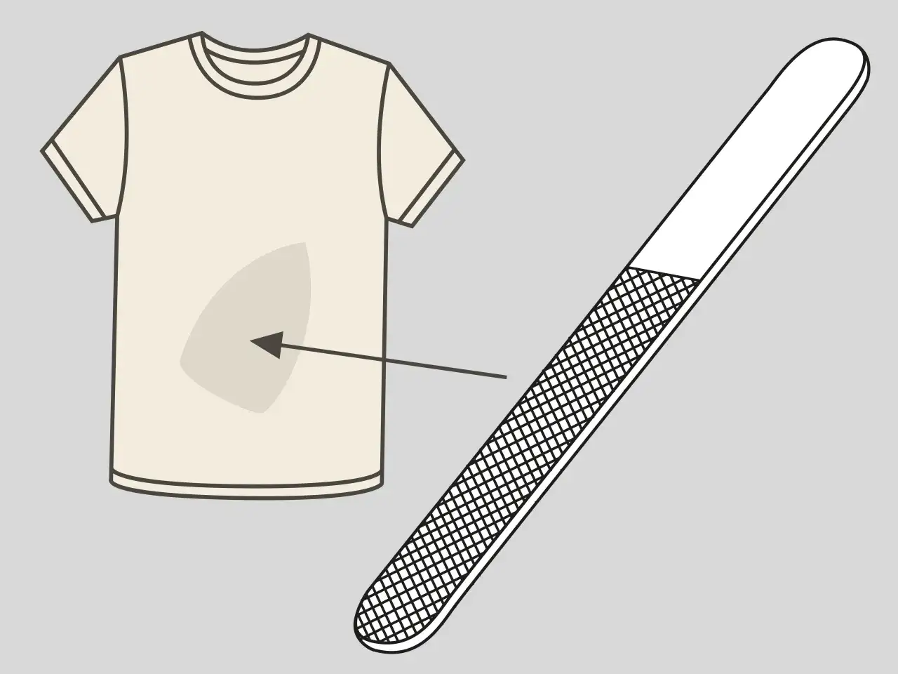 T-shirt beige avec une tache sombre, et une lime &agrave; ongles. La trace de fer &agrave; repasser sur v&ecirc;tement noir est une tache qui peut &ecirc;tre enlev&eacute;e.