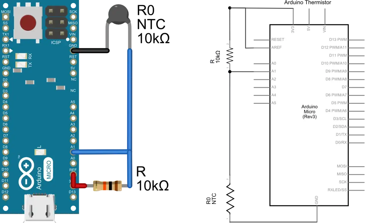 Układ Arduino Micro z podłączonym termistorem NTC 10kΩ i rezystorem tworzącym dzielnik napięcia.