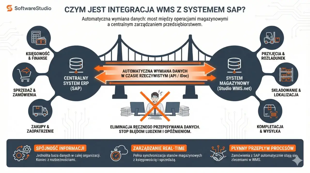 Schemat integracji WMS z SAP, pokazujący przepływ danych między systemami ERP i magazynowym. Automatyzacja procesów, eliminacja błędów.