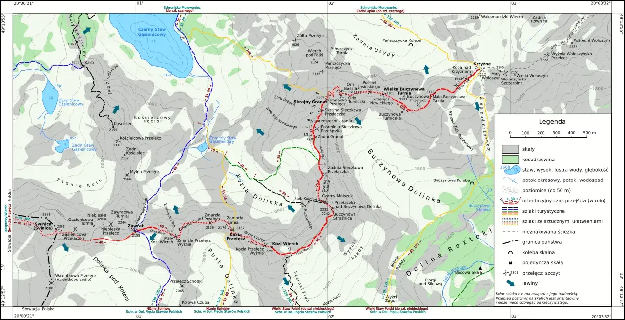 mapa szlaków Kozi Wierch Orla Perć Dolina Pięciu Stawów Zawrat Kozia Przełęcz