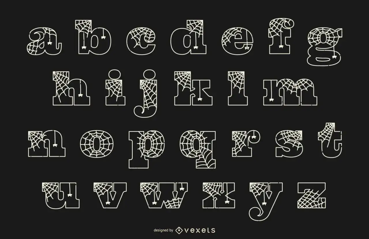 Alfabeto de letras minúsculas con telarañas y arañas colgando.