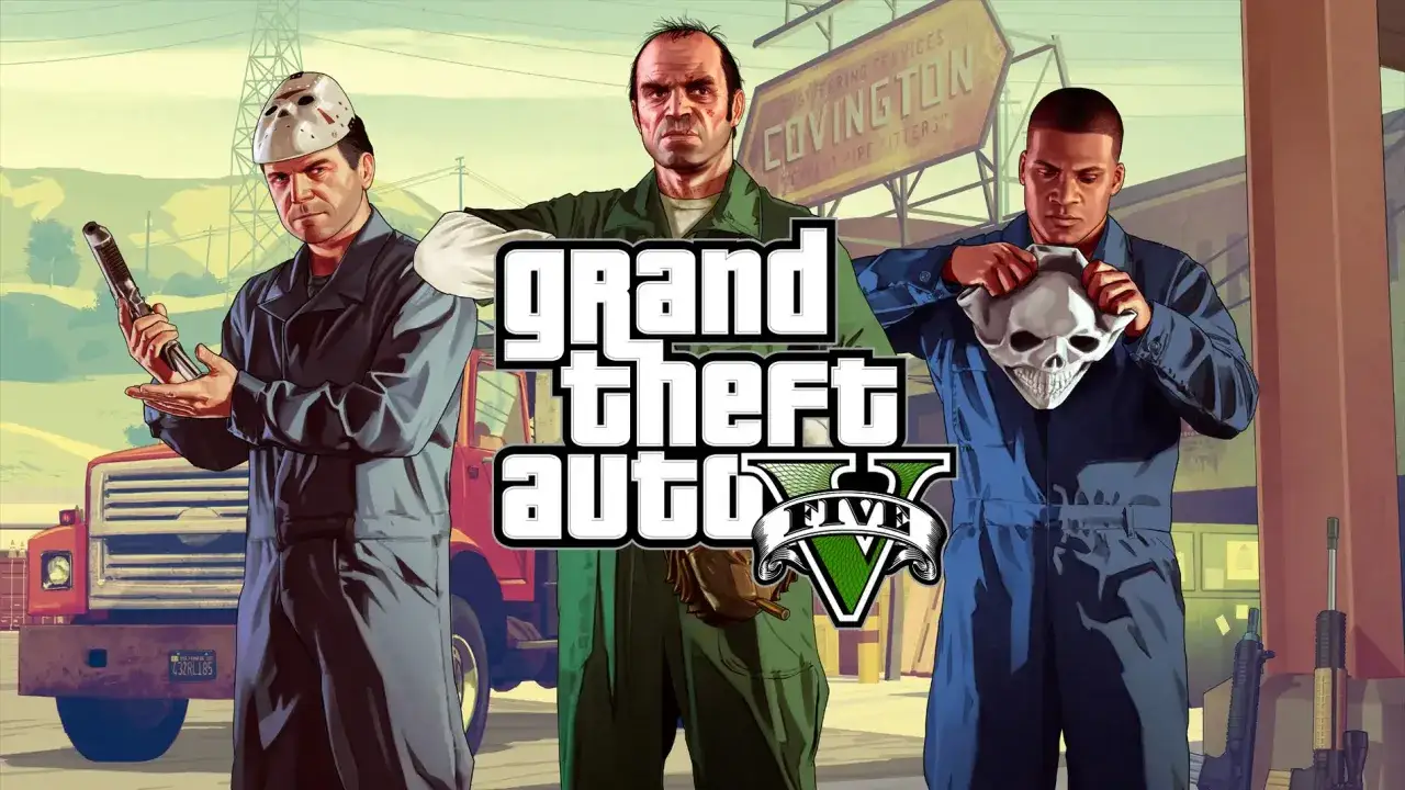 Los protagonistas de GTA 5, listos para el lanzamiento. Michael con máscara, Trevor con su mirada intensa y Franklin con una calavera.