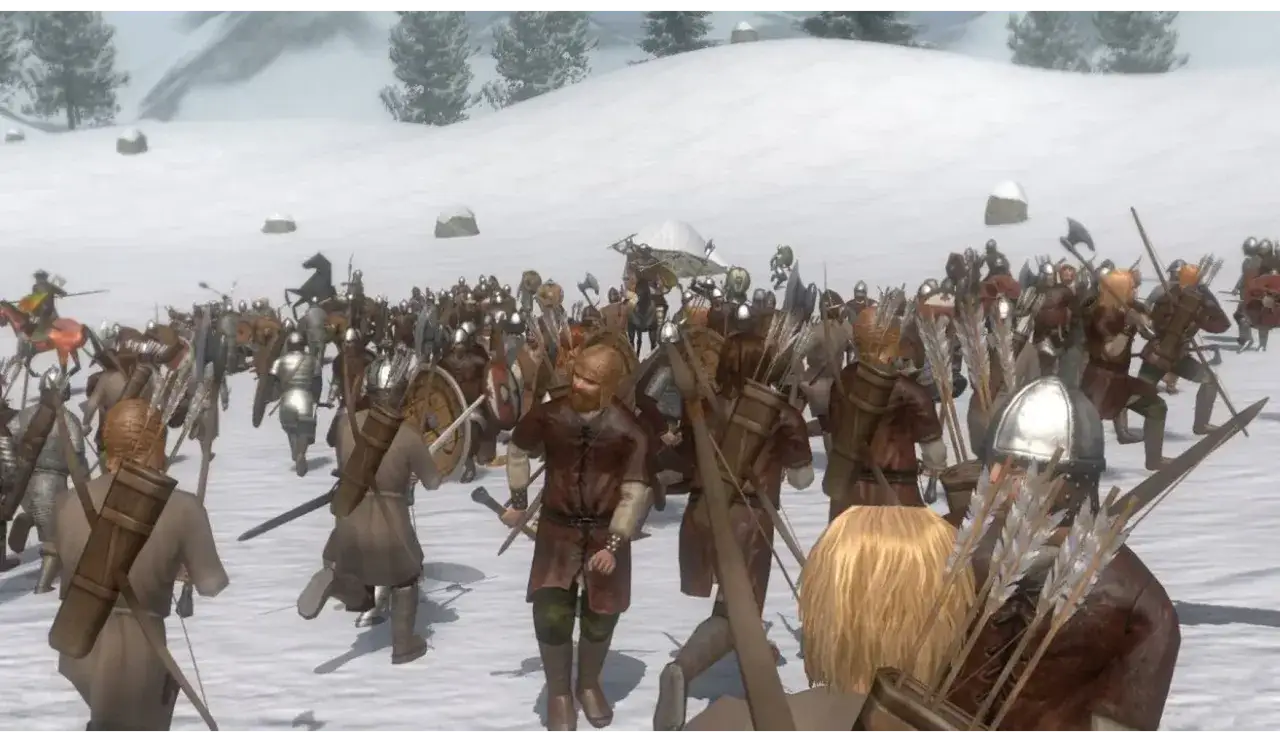 Bitwa w stylu Mount & Blade na ośnieżonym polu. Tysiące wojowników z mieczami i łukami, gotowych do walki.