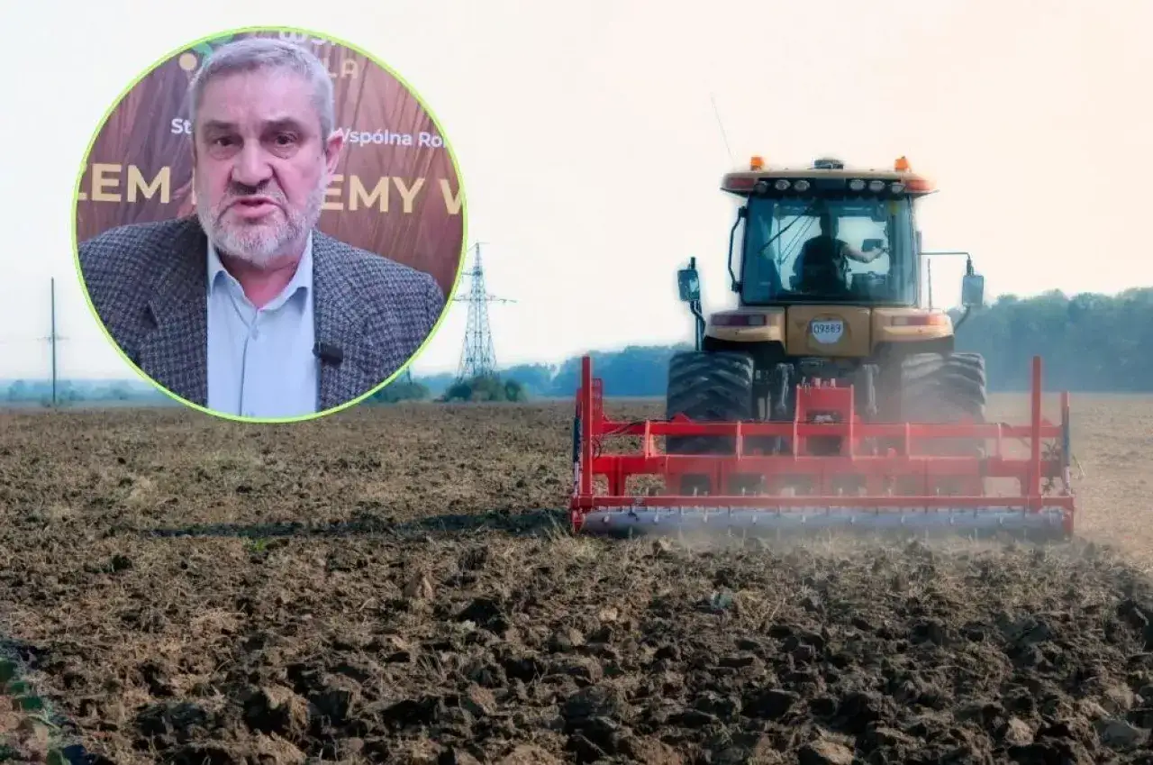 Rolnik omawia, co opłaca się uprawiać, podczas gdy traktor przygotowuje pole do siewu.