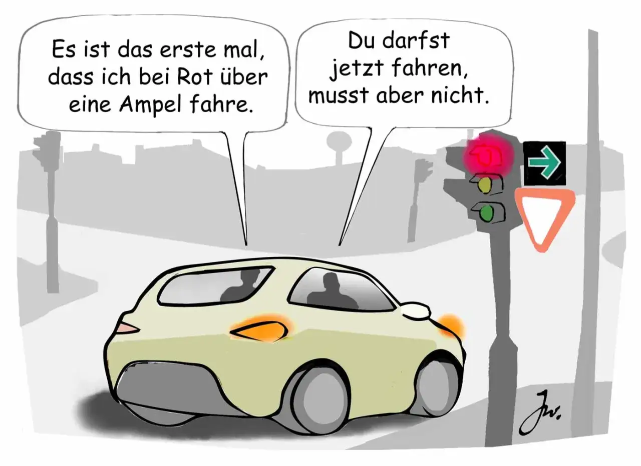 Eine Ampel mit Pfeil und ohne zeigt Rot. Ein Fahrer sagt: