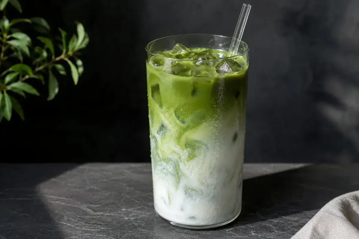 En svalkande isad matcha latte med virvlande grönt och vitt, perfekt för en solig dag.