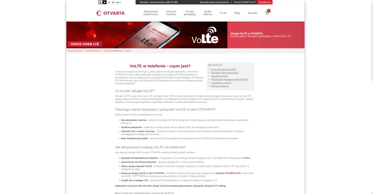 Usługa VoLTE w OTVARTA: poznaj zalety i korzyści wynikające z Voice over LTE. Dowiedz się, czym jest VoLTE i jak je aktywować.
