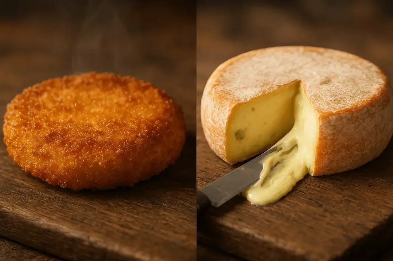 Un d&eacute;licieux fromage burger fumant &agrave; c&ocirc;t&eacute; d'un fromage coulant coup&eacute; au couteau.