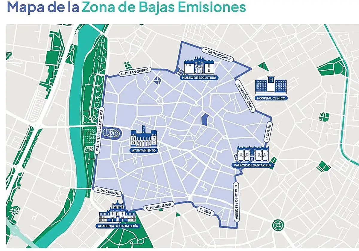 Mapa de la zona de bajas emisiones de Valladolid, con el Ayuntamiento, Museo de Escultura, Hospital Clínico y Palacio de Santa Cruz.