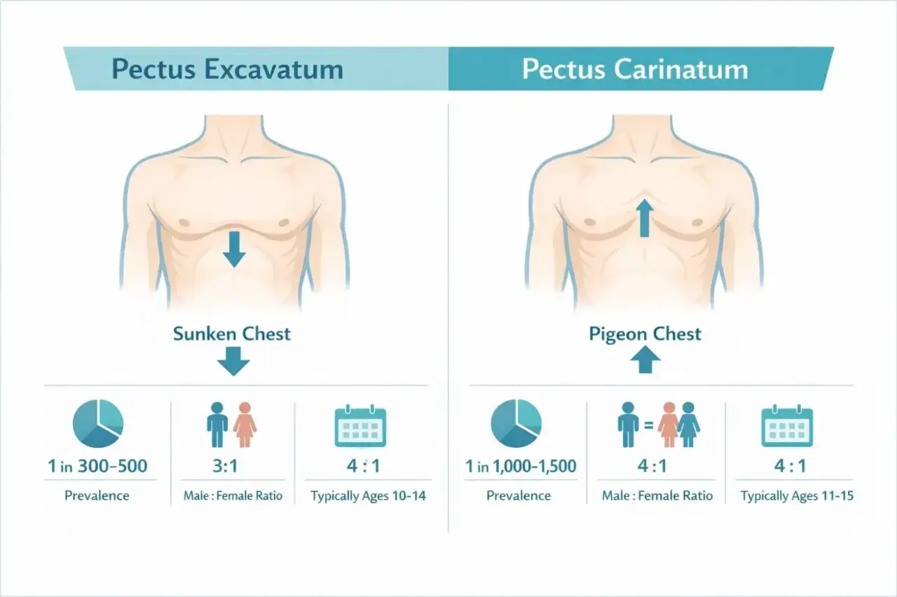Vergleich von Pectus Excavatum (Trichterbrust) und Pectus Carinatum (H&uuml;hnerbrust). Rippenbuckel Brust wird hier nicht direkt erw&auml;hnt, aber die Bilder zeigen die unterschiedlichen Brustformen.