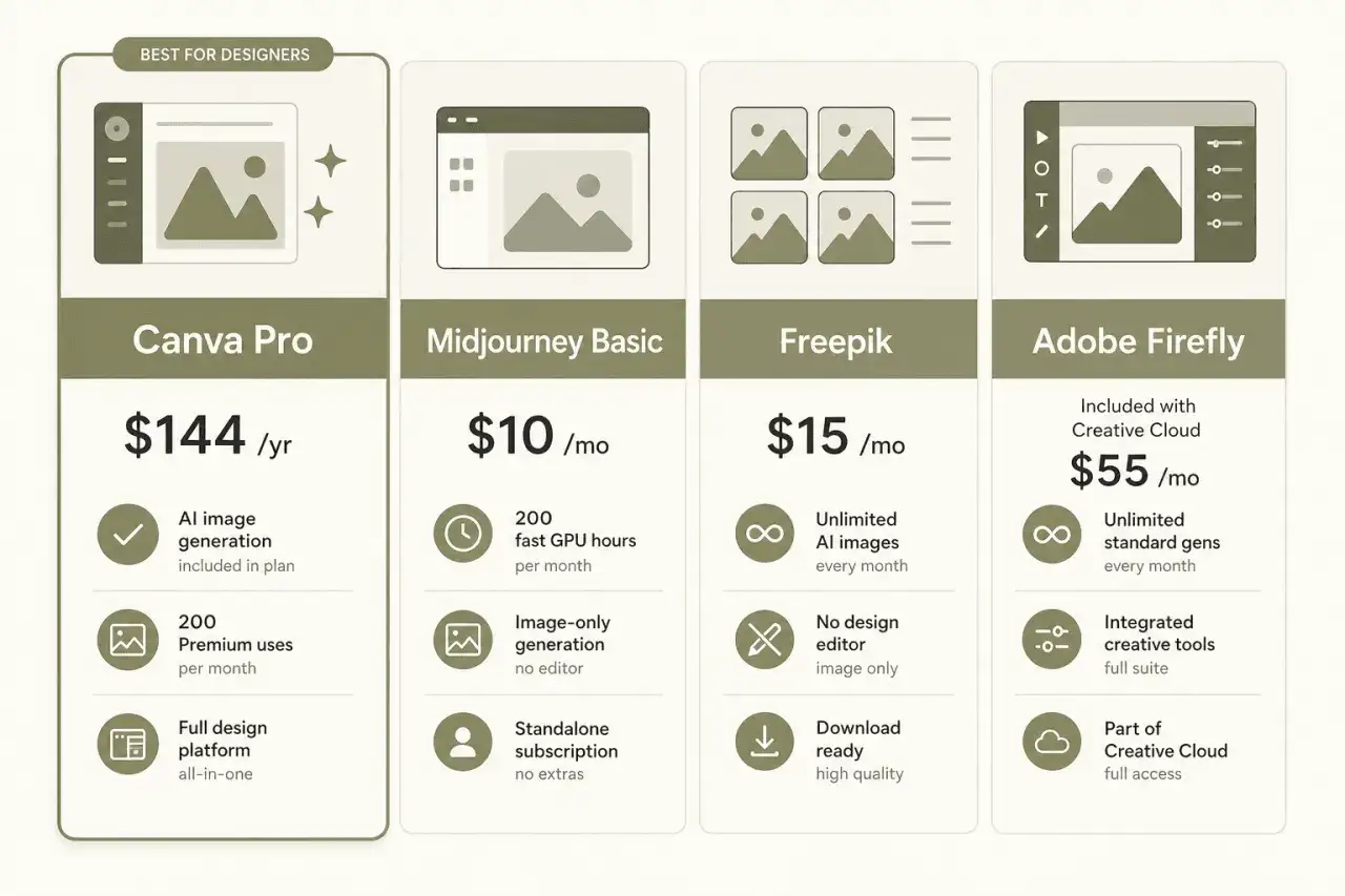 Porównanie cen: Canva Pro za $144/rok, Midjourney Basic za $10/miesiąc, Freepik za $15/miesiąc, Adobe Firefly za $55/miesiąc.