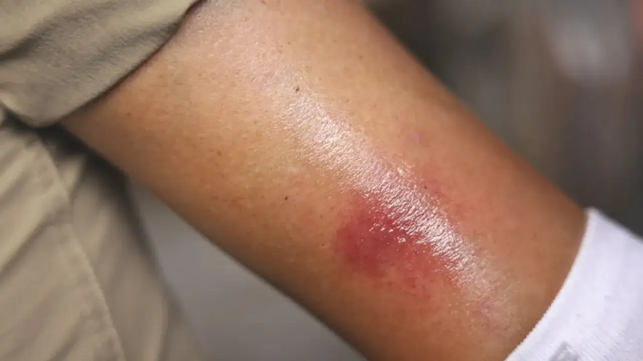 Roter, geschwollener Bereich am Arm, m&ouml;glicherweise nach einem Insektenstich, der auf eine beginnende Blutvergiftung hindeutet.